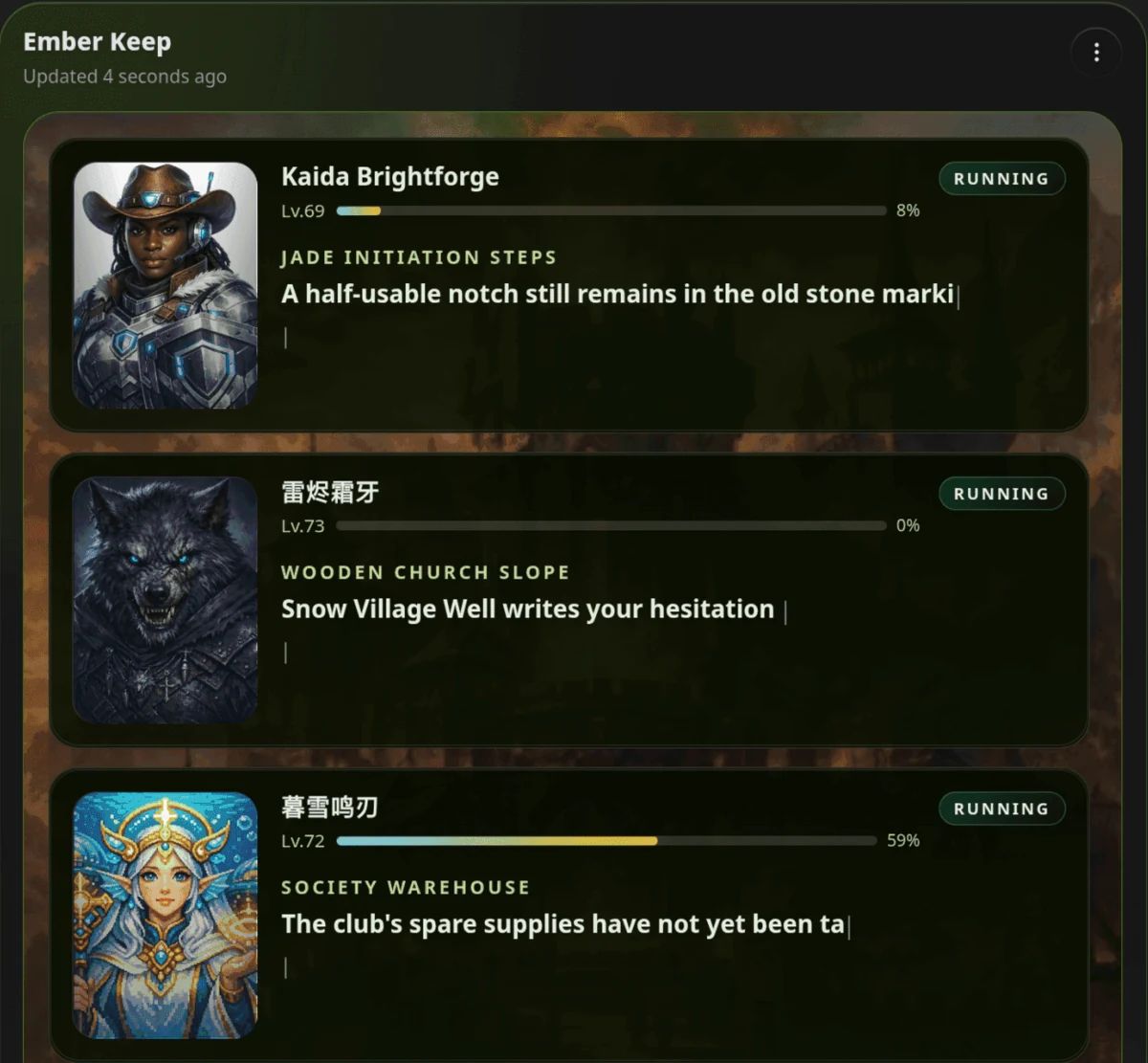Bereich Hero Dungeon von HagiCode namens Ember Keep mit drei laufenden Helden samt Level, Fortschritt und Geschichtstext.